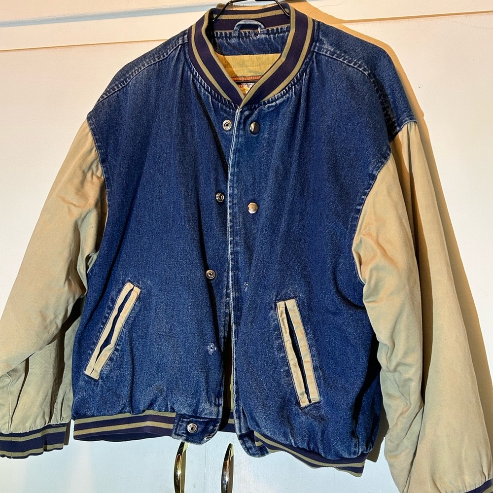 Men's Denim & Tan BomberJacket - Classic Varsity Style